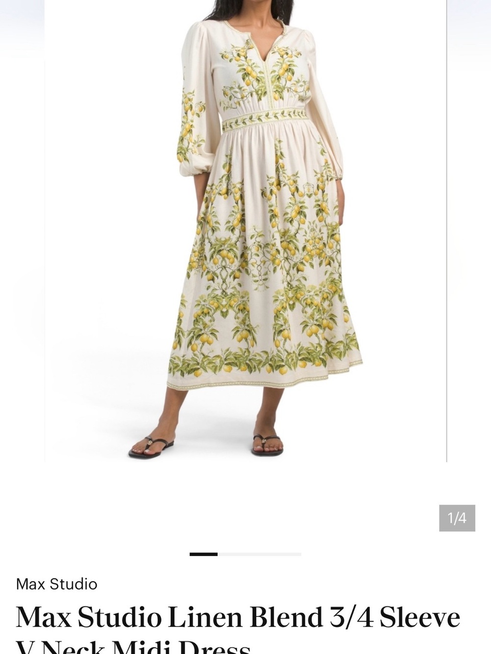 Max Studio Cream Linen-Blend Midi Dress with Lemon Print size M